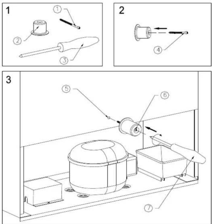 Technical diagram showing exploded and assembled views of a mechanical device with numbered components and directional arrows indicating motion.