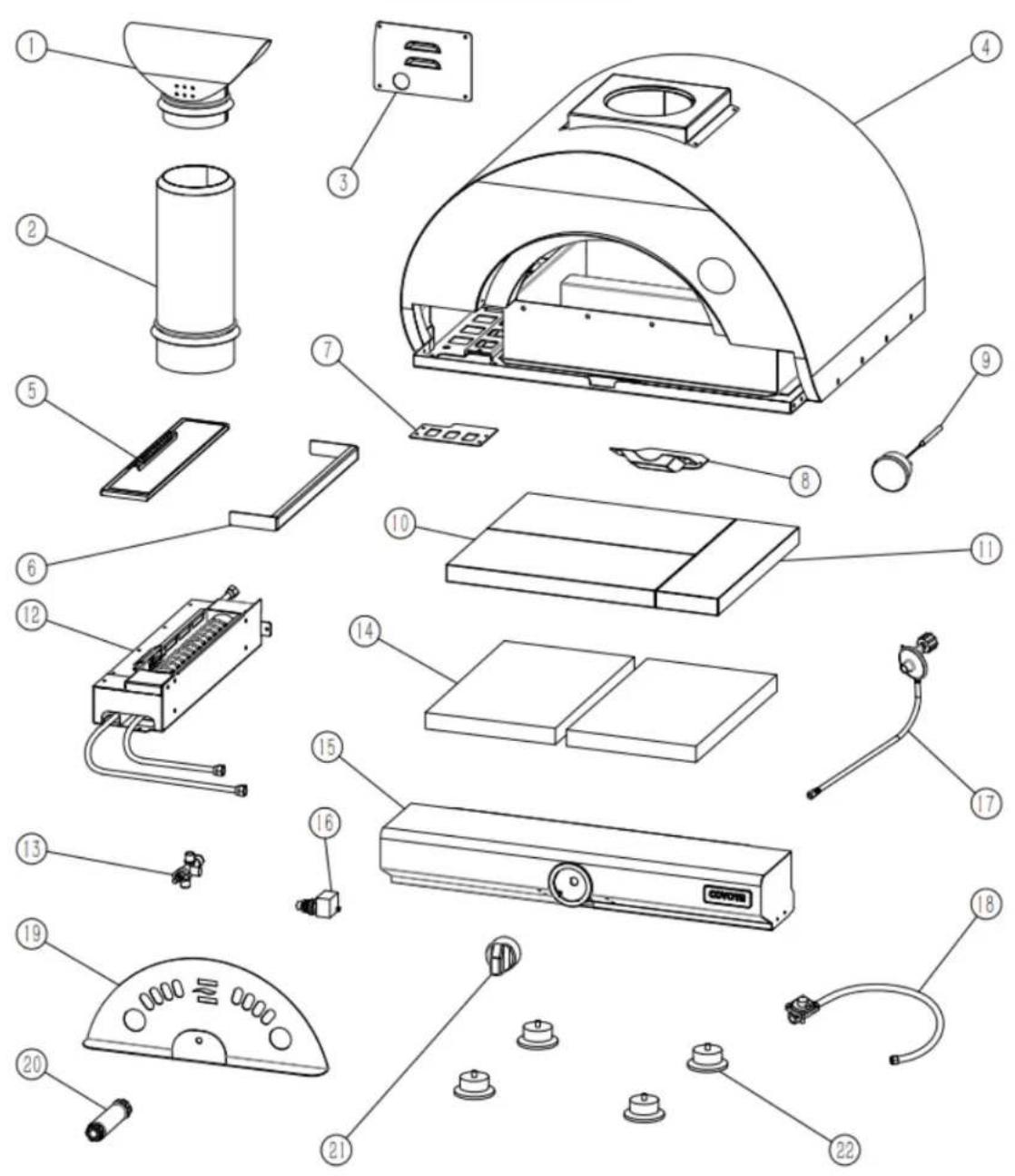Exploded view diagram of a microwave oven with numbered parts for identification