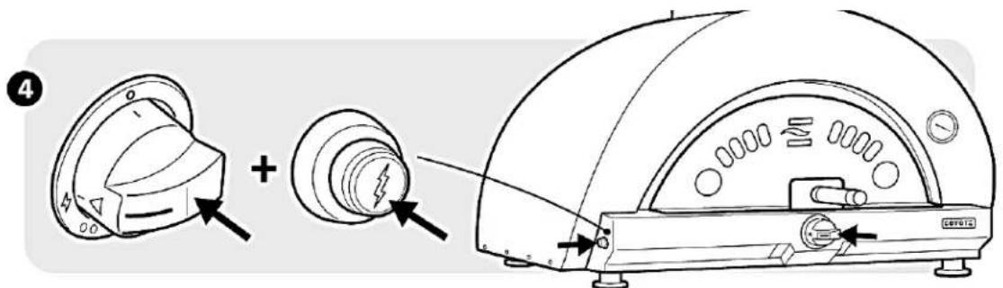 Diagram showing a device with labeled components and directional arrows, including a knob switch and a dial indicator.