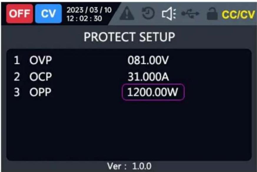 OFF CV 2023/03/10 12:02:30 CC/CV PROTECT SETUP 1 OVP 081.00V 2 OCP 31.000A 3 OPP 1200.00W Ver : 1.0.0