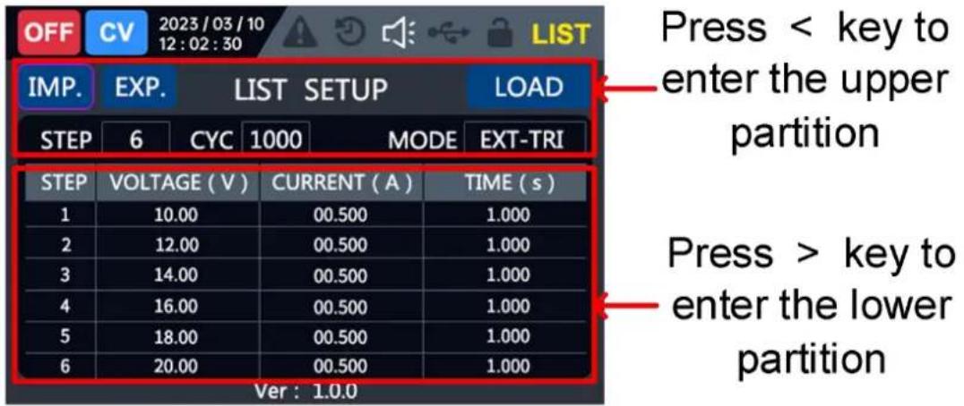 OFF CV 2023/03/10 12:02:30 LIST IMP. EXP. LIST SETUP LOAD STEP 6 CYC 1000 MODE EXT-TRI STEP VOLTAGE (V) CURRENT (A) TIME (s) 1 10.00 00.500 1.000 2 12.00 00.500 1.000 3 14.00 00.500 1.000 4 16.00 00.500 1.000 5 18.00 00.500 1.000 6 20.00 00.500 1.000 Ver : 1.0.0 Press < key to enter the upper partition Press > key to enter the lower partition