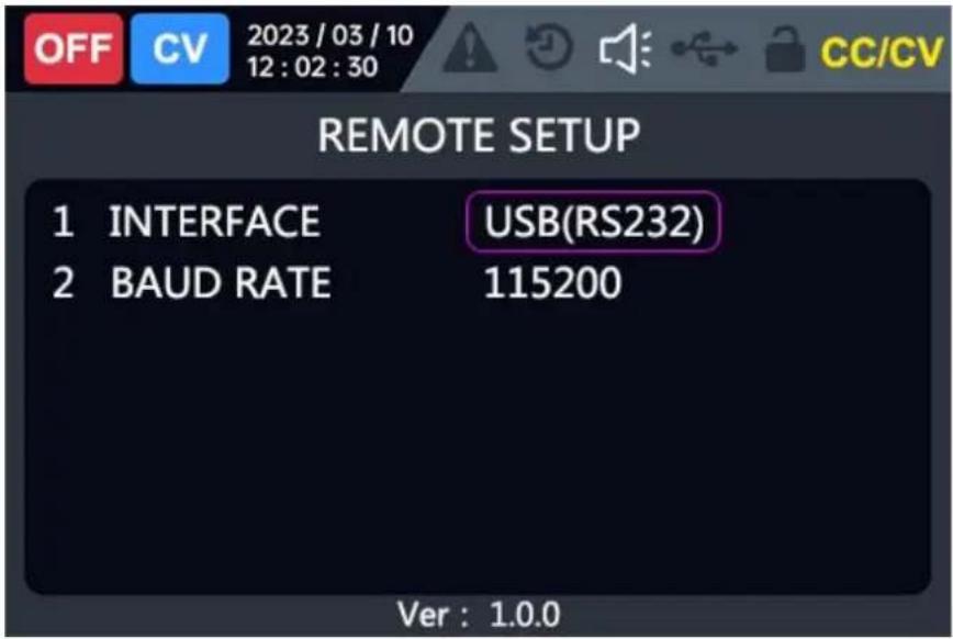 OFF CV 2023/03/10 12:02:30 CC/CV REMOTE SETUP 1 INTERFACE USB(RS232) 2 BAUD RATE 115200 Ver : 1.0.0