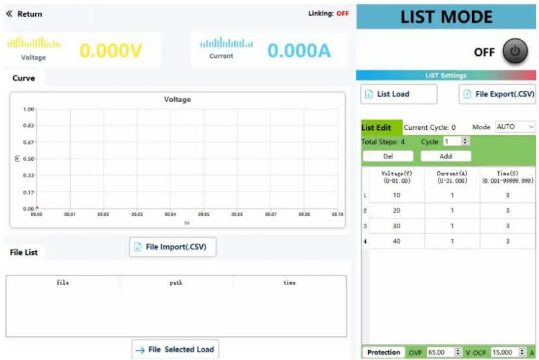 Return Linking: OFF Voltage 0.000V Current 0.000A LIST MODE OFF LIST Settings List Load File Export(.CSV) Curve Voltage 1.00 0.83 0.67 0.50 0.33 0.17 0.00 00.00 00.01 00.02 00.03 00.04 00.05 00.06 00.07 00.08 00.10 File List File Import(.CSV) file path time → File Selected Load List Edit Current Cycle: 0 Mode AUTO Total Steps: 4 Cycle 1 Del Add Voltage(V) (0-81.00) Current(A) (0-31.000) Time(S) (0.001-99999.999) 1 10 1 3 2 20 1 3 3 30 1 3 4 40 1 3 Protection OVP 65.00 V OCP 15,000 A