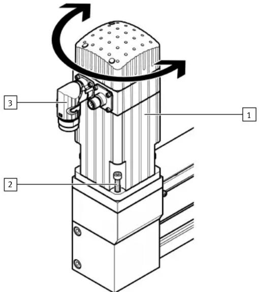 Technical diagram of a mechanical device with labeled components and directional arrows indicating motion or rotation.