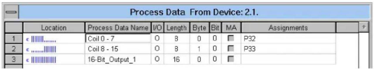 Process Data From Device: 2.1. Location Process Data Name I/O Length Byte Bit MA Assignments 1 Coil 0 - 7 O 8 0 0 □ P32 2 Coil 8 - 15 O 8 1 0 □ P33 3 16-Bit_Output_1 O 16 0 0 □