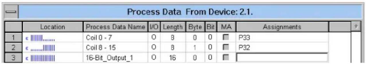Process Data From Device: 2.1. Location Process Data Name I/O Length Byte Bit MA Assignments 1 Coil 0 - 7 0 8 0 0 □ P33 2 Coil 8 - 15 0 8 1 0 □ P32 3 16-Bit_Output_1 0 16 0 0 □