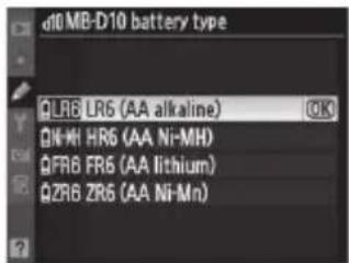 d10 MB-D10 battery type QLR6 LR6 (AA alkaline) OK QI-KI HR6 (AA Ni-MH) QFR6 FR6 (AA lithium) QZR6 ZR6 (AA Ni-Mn)