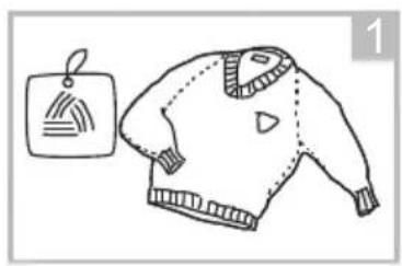 Simple line drawing of a sweater with a tag and patterned jacket (no text or symbols)