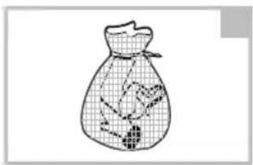 Simple line drawing of a money bag with grid pattern and printed labels (no readable text or symbols)