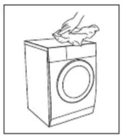 Line drawing of a hand washing a washing machine (no text or symbols)
