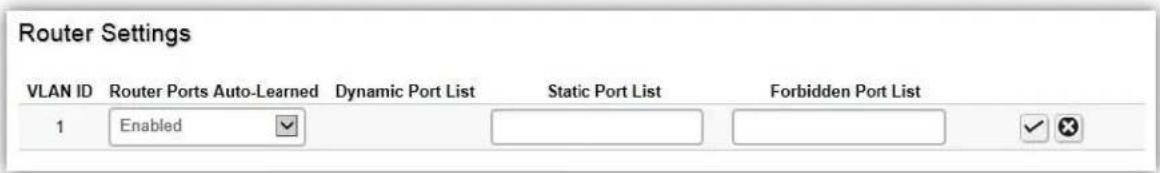 Router Settings VLAN ID Router Ports Auto-Learned Dynamic Port List Static Port List Forbidden Port List 1 Enabled