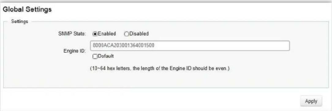 Global Settings Settings SNMP State: ●Enabled ○Disabled Engine ID: 8000ACA203001364001500 □Default (10~64 hex letters, the length of the Engine ID should be even.) Apply