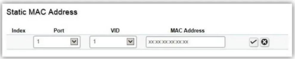 Static MAC Address Index Port VID MAC Address 1 1 xx:xx:xx:xx:xx:xx