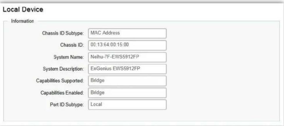Local Device Information Chassis ID Subtype: MAC Address Chassis ID: 00:13:64:00:15:00 System Name: Neihu-7F-EWS5912FP System Description: EnGenius EWS5912FP Capabilities Supported: Bridge Capabilities Enabled: Bridge Port ID Subtype: Local