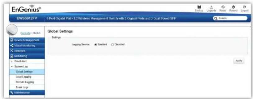 EnGenius® EWS5912FP 8-Port Gigabit Pol + L2 Wireless Management Switch with 2 Gigabit Ports and 2 Dual Speed SFP Controller | Switch Global Settings Settings Logging Service Enabled Detected Device Management Visual Monitoring Statistics Maintenance Cloud Alert System Log Global Settings Local Logging Remote Logging Event Logs Maintenance Apply