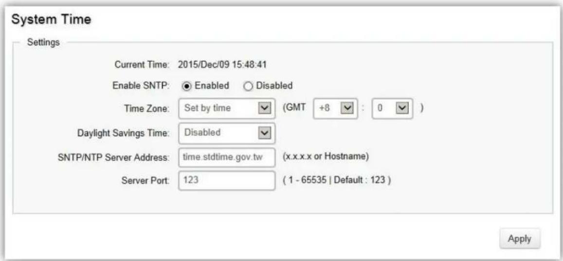 System Time Settings Current Time: 2015/Dec/09 15:48:41 Enable SNTP: ● Enabled ○ Disabled Time Zone: Set by time (GMT +8 : 0 ) Daylight Savings Time: Disabled SNTP/NTP Server Address: time.stdtime.gov.tw (x.x.x.x or Hostname) Server Port: 123 (1 - 65535 | Default : 123 ) Apply