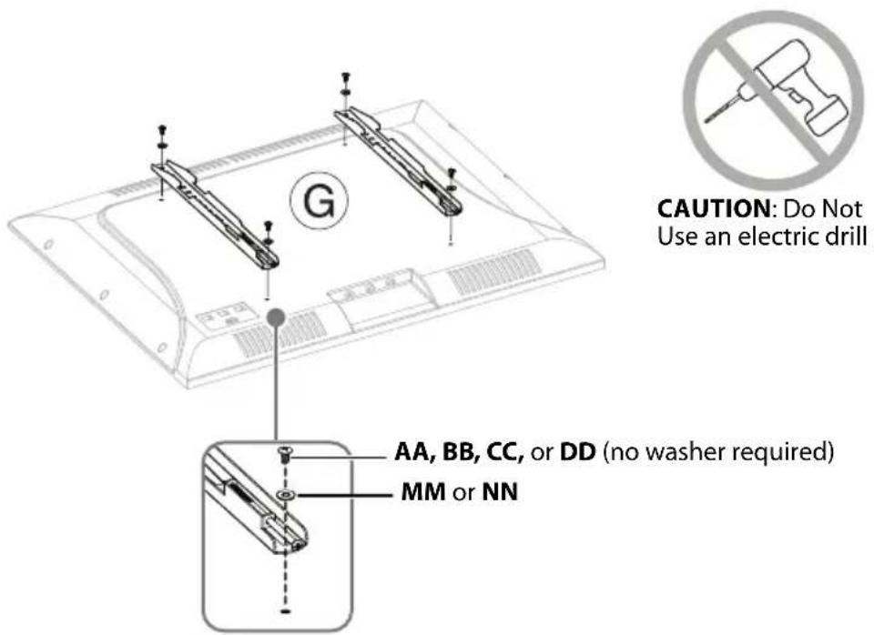 CAUTION: Do Not Use an electric drill AA, BB, CC, or DD (no washer required) MM or NN