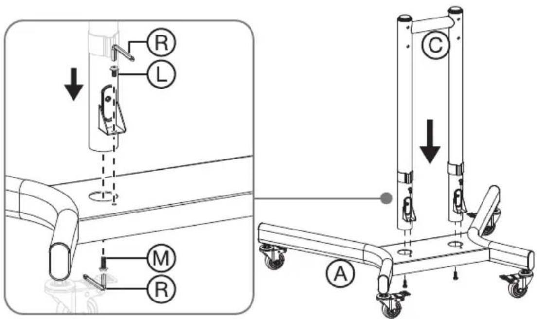 Technical diagram showing mechanical assembly with labeled parts (R, L, M, C) and directional arrows indicating motion or assembly.