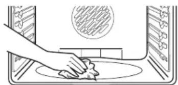 Illustration of a hand cleaning a kitchen appliance with a circular pattern on the wall (no text or symbols)