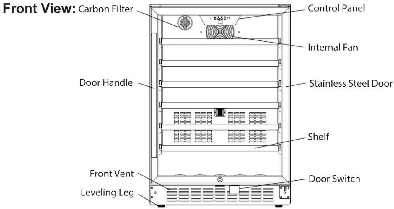 Front View: Carbon Filter Control Panel Internal Fan Stainless Steel Door Shelf Door Handle Front Vent Leveling Leg Door Switch