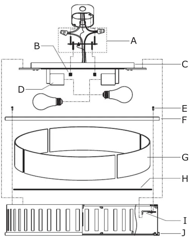 Technical diagram of a mechanical or electrical device with labeled components A through J, showing internal structure and wiring layout.