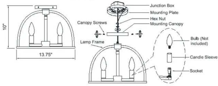 10" 13.75" Canopy Screws Lamp Frame Junction Box Mounting Plate Hex Nut Mounting Canopy Bulb (Not included) Candle Sleeve Socket