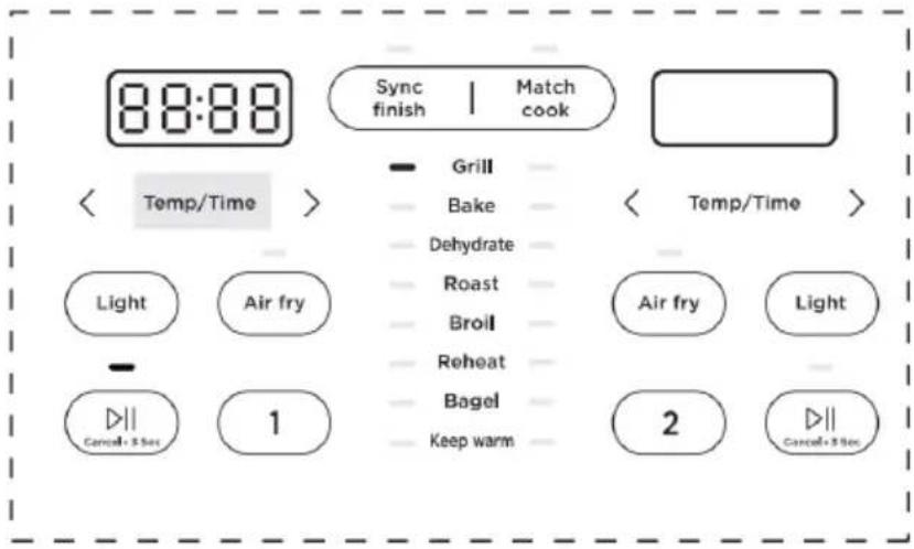 88:88 Sync finish | Match cook Grill Bake Dehydrate Roast Broil Reheat Bagel Keep warm 2 Cancel + 5 sec Temp/Time > < Temp/Time > Light Air fry 1 2 Cancel + 5 sec