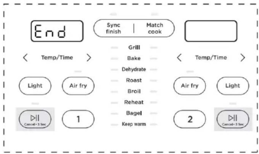 End Sync finish | Match cook Grill Bake Dehydrate Roast Broil Reheat Bagel Keep warm 2 Cancel+3 Sec Temp/Time > < Temp/Time > Light Air fry 1 Temp/Time > < Temp/Time > Air fry Light 2 Cancel+3 Sec