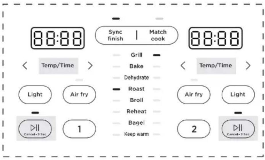 8:8:88 Sync finish | Match cook 8:8:88 < Temp/Time > Grill Bake Dehydrate Roast Broil Reheat Bagel Keep warm Temp/Time > Light Air fry Air fry Light 1 2 Cancel-3 Sec Cancel-3 Sec