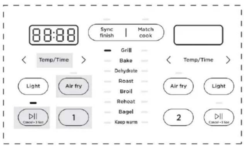 88:88 Sync finish | Match cook Grill Bake Dehydrate Roast Broil Reheat Bagel Keep warm Temp/Time > < Temp/Time > Light Air fry - Cancel-3 Sec 1 Air fry Light 2 Cancel-3 Sec