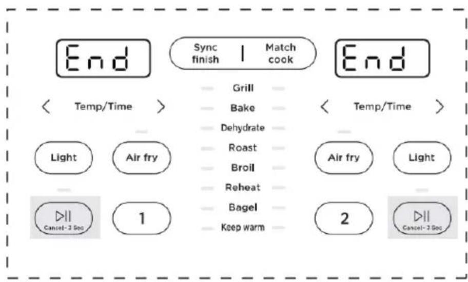 End Sync finish | Match cook End < Temp/Time > Grill Bake Dehydrate Roast Broil Reheat Bagel Keep warm Air fry Light Cancel-2 Sec 1 Temp/Time > < Temp/Time > Air fry Cancel-2 Sec 2 Cancel-2 Sec