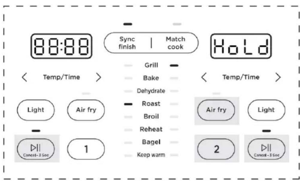88:88 Sync finish | Match cook Hold < Temp/Time > Grill Bake Dehydrate Roast Broil Reheat Bagel Keep warm < Temp/Time > Light Air fry Air fry Light - 1 Cancel-3 Sec 2 Cancel-3 Sec