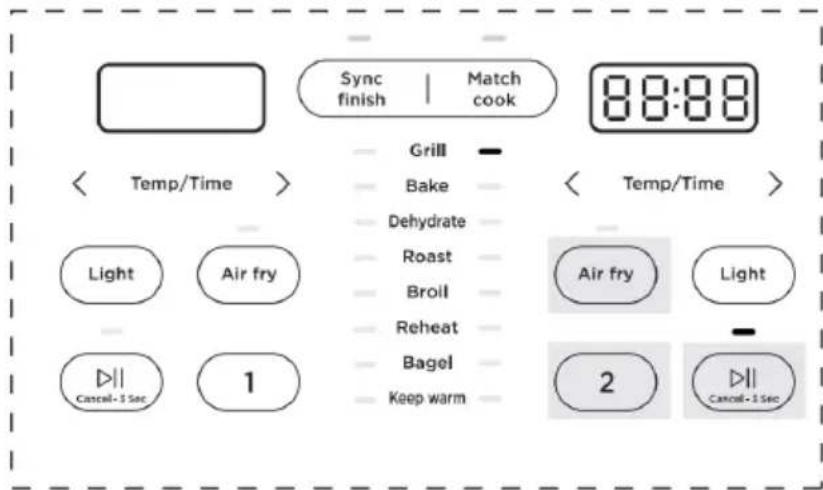 Sync finish | Match cook 88:88 Grill Bake Dehydrate Roast Broil Reheat Bagel Keep warm Temp/Time > Light Air fry 1 Temp/Time > Air fry Light 2 Cancel - 5 Sec Cancel - 5 Sec