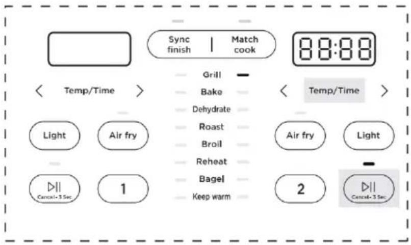 Sync finish | Match cook 88:88 < Temp/Time > Grill Bake Dehydrate Roast Broll Reheat Bagel Keep warm < Temp/Time > Light Air fry Air fry Light - 1 Cancel+3 Sec Cancel+3 Sec