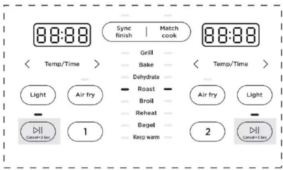 8:0:00 Sync finish | Match cook Grill Bake Dehydrate Roast Broil Reheat Bagel Keep warm 8:0:00 Temp/Time > < Temp/Time > Light Air fry - Cancel+3 Sec 1 Air fry Light 2 Cancel+3 Sec