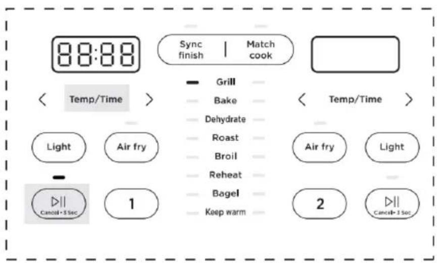 88:88 Sync finish | Match cook Grill Bake Dehydrate Roast Broil Reheat Bagel Keep warm 2 Cancel+3Sec 1 Temp/Time > < Temp/Time > Light Air fry - Cancel+3Sec 1 2 Cancel+3Sec