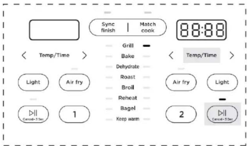 Sync finish | Match cook 88:88 < Temp/Time > Grill Bake Dehydrate Roast Broil Reheat Bagel Keep warm Air fry Light 1 2 Cancel-3.5sec Cancel-3.5sec