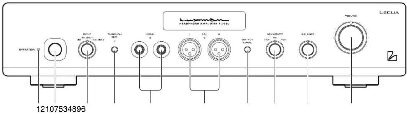 HEADPHONE AMPLIFIER P.700u LECUA OPERATION INPUT BALANCE 12107534896 THROUGH OUT UNBAL L BAL R OUTPUT MODE SENSYEMTY 100 MHz BALANCE VOLUME