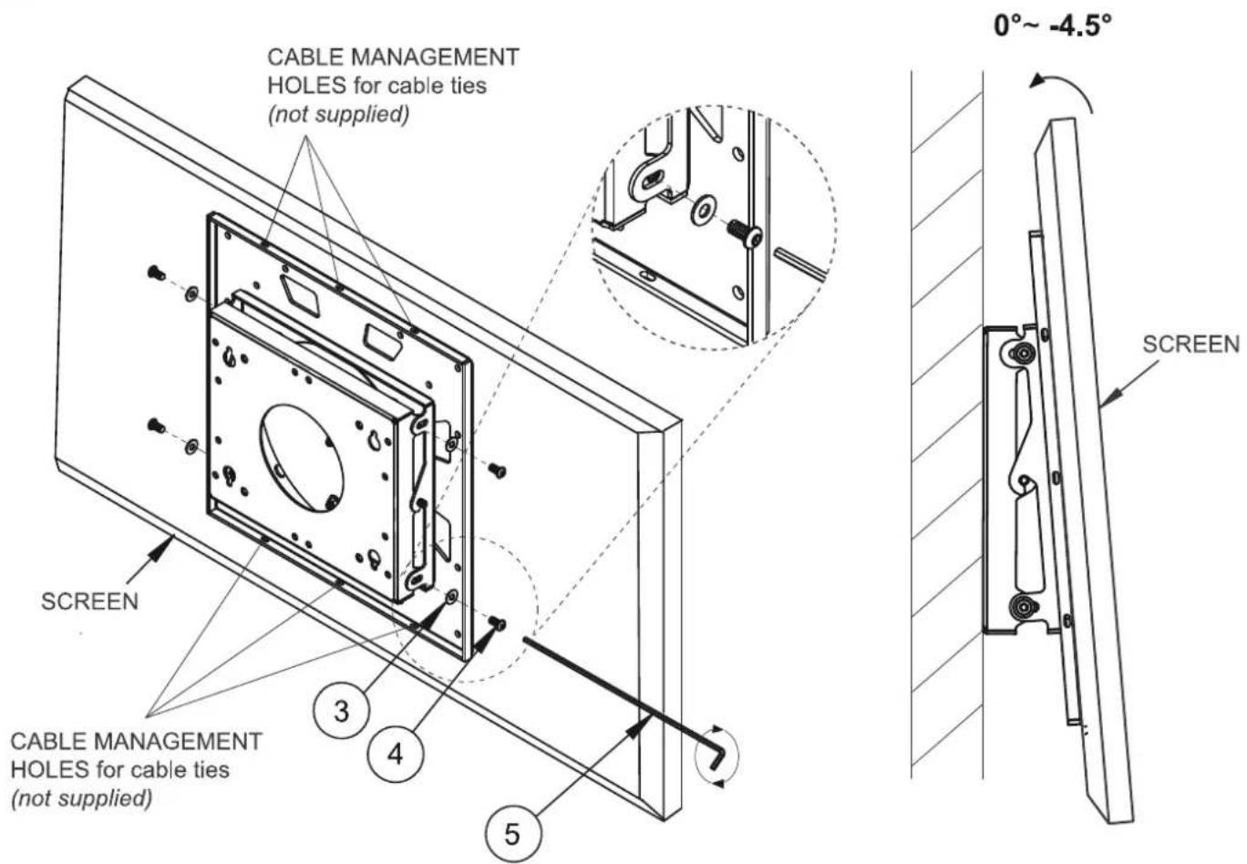 CABLE MANAGEMENT HOLES for cable ties (not supplied) 0°~ -4.5° SCREEN SCREEN CABLE MANAGEMENT HOLES for cable ties (not supplied) 3 4 5