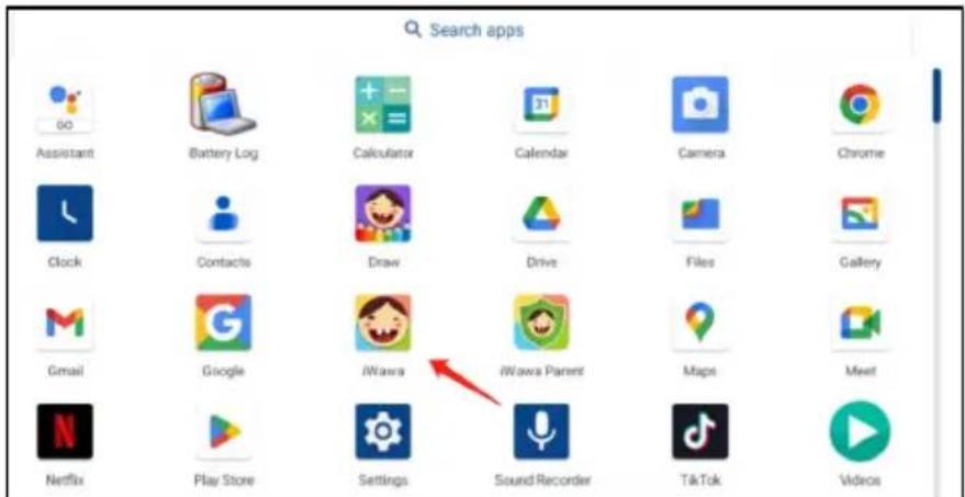 Search apps Assistant Battery Log Calculator Calendar Camera Chrome Clock Contacts Draw Drive Files Gallery Gmail Google iWawa iWawa Parent Maps Meet Netflix Play Store Settings Sound Recorder T&Tok Videos