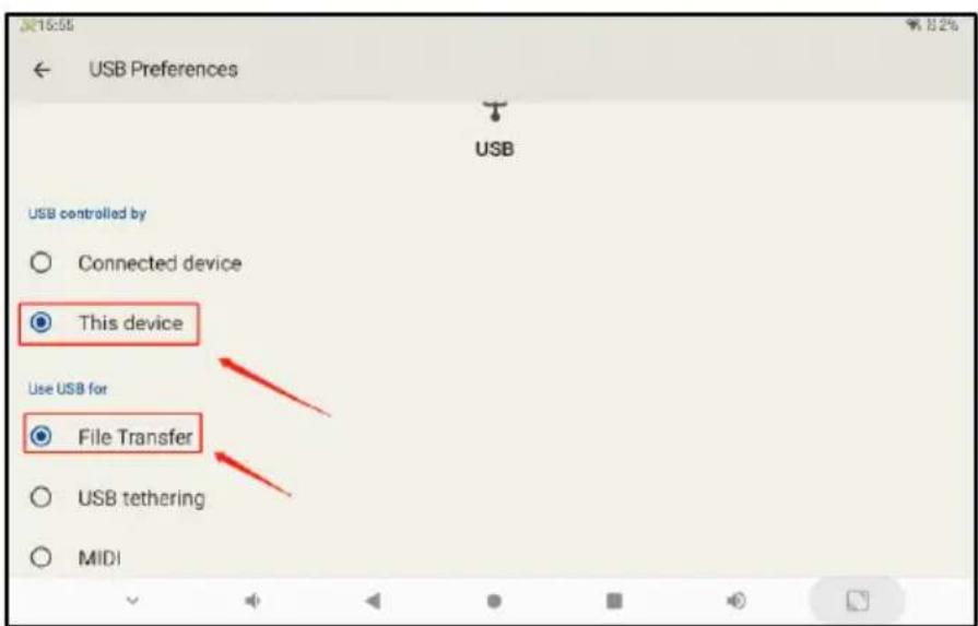 USB Preferences USB controlled by Connected device This device Use USB for File Transfer USB tethering MIDI