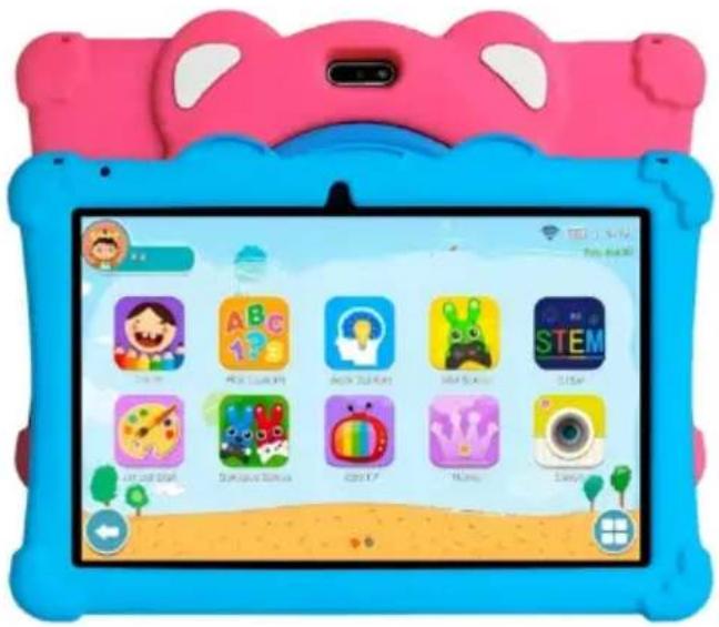 Colorful children's educational app interface displayed on a blue tablet, featuring app icons and Chinese text labels.