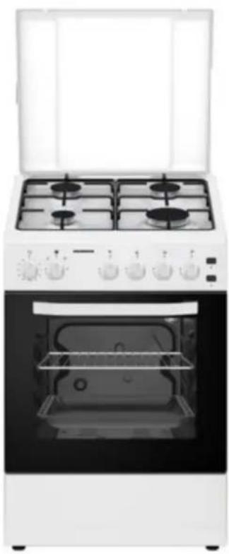 Exterior view of a white electric stove with four gas stove covers and open door (no text or symbols visible)