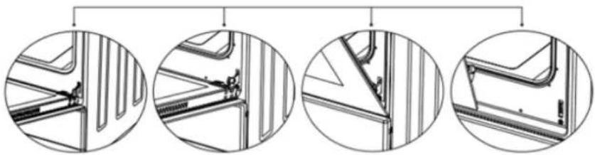 Four circular diagrams showing mechanical assembly steps, no text or symbols present