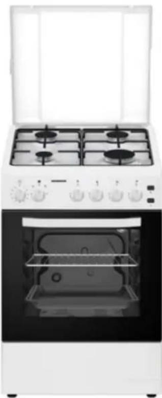 Exterior view of a white electric stove with four gas stove covers and open oven (no text or symbols visible)