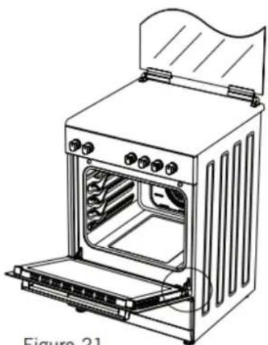 Line drawing of an open oven with control panel and side-mounted tray (no text or symbols)