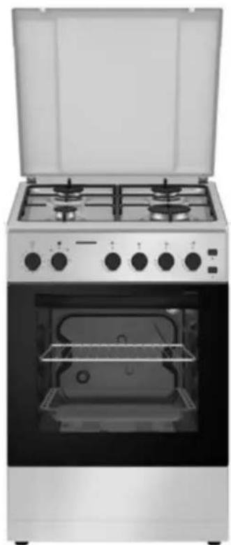 Front view of a stainless steel electric oven with four gas stove handles (no visible text or labels)