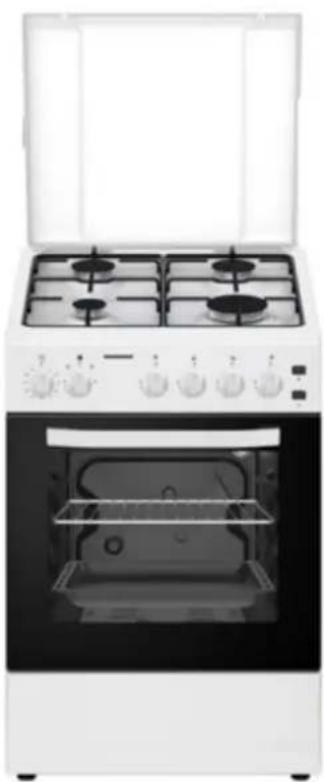 Exterior view of a white gas stove with four stoves and open oven (no text or symbols visible)