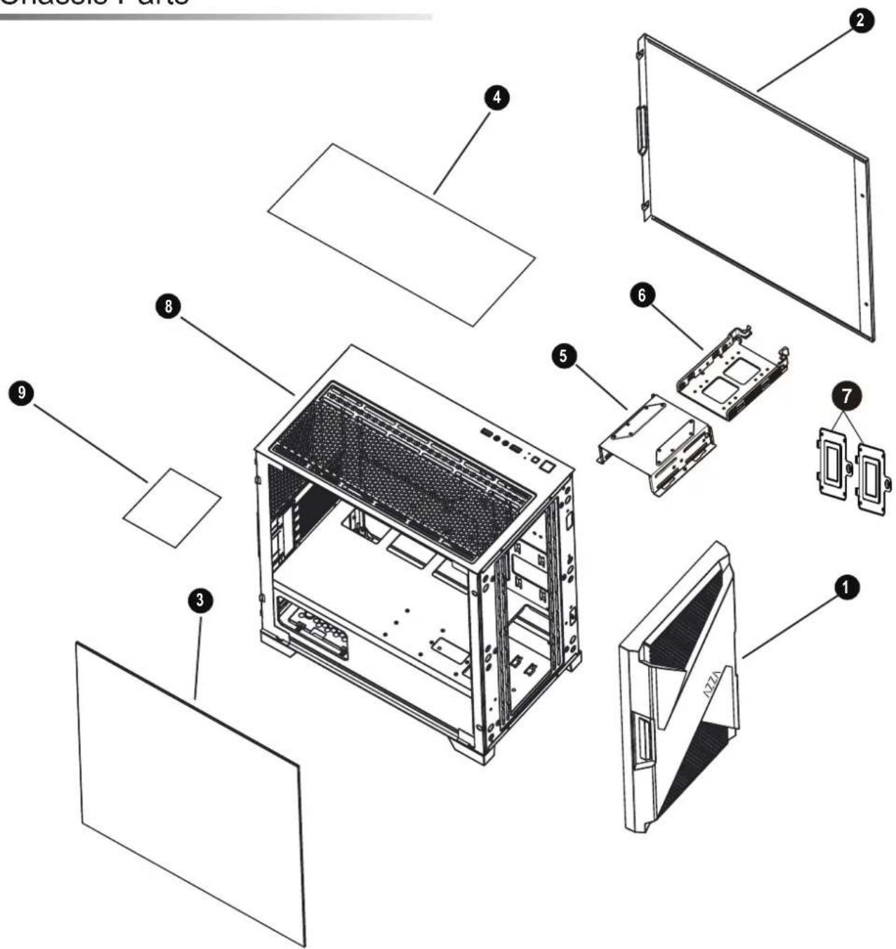 Exploded view diagram of a desktop computer tower with numbered components for identification