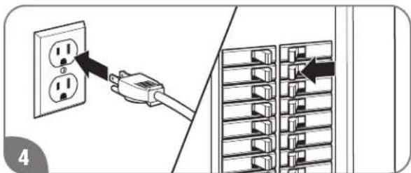 Diagram showing a hand inserting two outlets into a rack, with an arrow indicating the connection point.